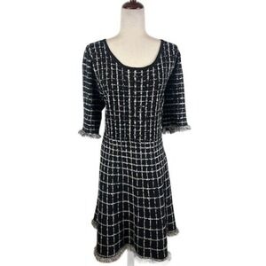 Taylor Plaid Black Tweed Dress Fringe Trim Elbow Sleeves Career Casual‎ Size 2X
